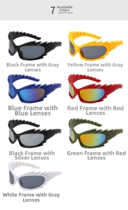 Detailed grid showing seven color options for wrap-around wing-style sports sunglasses