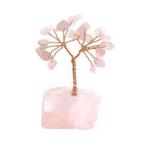 Pink quartz crystal money tree ornament with copper wire branches and natural stone base