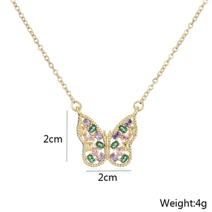 Detail view of 2cm butterfly necklace pendant with colorful zircons and gold plating