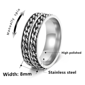 Mens 8mm silver stainless steel spinner ring with rotating double chain design