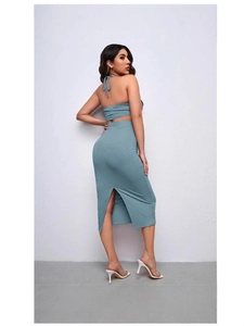 Gray-blue maternity ribbed knit two-piece set with halter top and slit pencil skirt