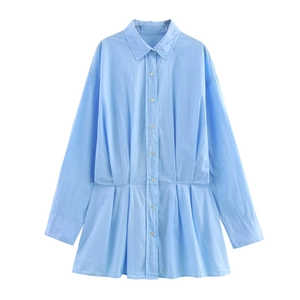 Damen Langarm Hemdblusenkleid Umlegekragen Taillenbindung Plissee Saum Preppy Style Einfarbig Popeline Minikleid