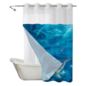 Waterproof polyester shower curtain featuring artistic deep blue sea and whale print