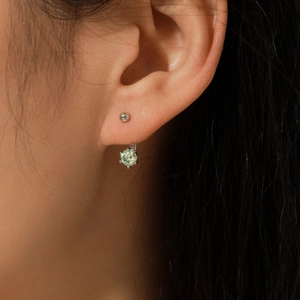 Elegant S925 silver studs with blue-green moissanite, worn in double-style on model