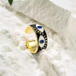 18K gold plated evil eye adjustable open ring with black enamel finish for women