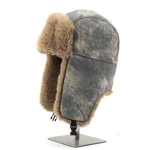 Bonnet aviateur vintage en denim avec doublure épaisse en fausse fourrure et jugulaire