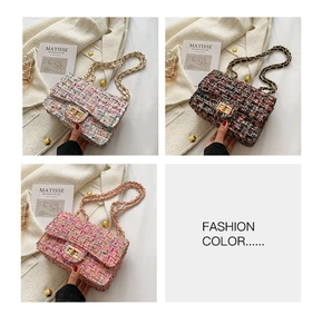 Multiple tweed crossbody chain bags in white, black and pink with metal turn-lock detail