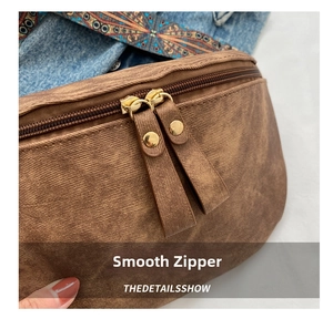 Détails de la double fermeture éclair dorée sur sac bandoulière en toile marron texturée