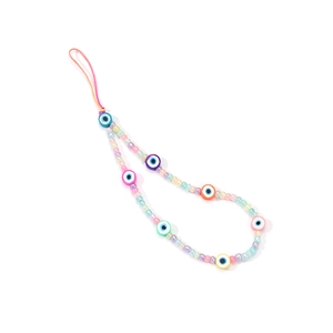Colorful evil eye beads and soft-colored spacers on a handmade phone wrist strap