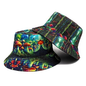 Reversible Bucket Hat Polyester Magic Mushroom Print Psychedelic Sun Protection Outdoor Summer Unisex Retro