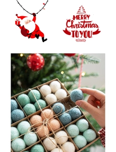 Detailed set of assorted wool felt Christmas balls in a gift box with rustic twine