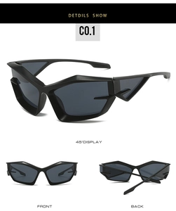 Detailed views of punk-style black polygon sunglasses from front, back, and side angles