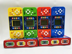 Detail view of retro handheld Tetris consoles in yellow, green, red and blue colors