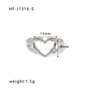 Detail view of heart-shaped silver open ring with dimensions 13mm and 10mm shown