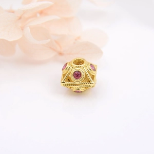 Hollow gold square bead with inlaid pink gemstones for DIY jewelry making and crafts
