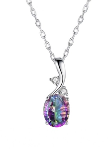 Macro shot of oval aurora opal necklace pendant with sparkling side crystals in silver