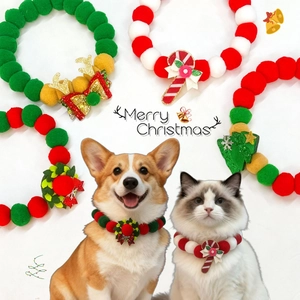 Christmas Pet Pom Pom Collar Adjustable Elastic Soft Plush Balls Antler Wreath Holiday Accessory For Dog Cat