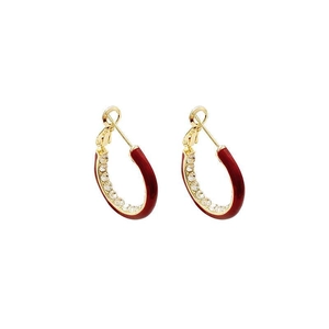 14K gold plated C-shaped hoop earrings with red enamel and silver needle finish