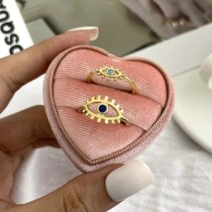 18k gold plated evil eye open rings with blue zircon set in a pink heart jewelry box