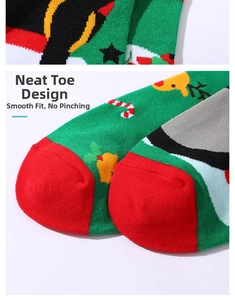 Detail of Christmas cotton socks showing holiday patterns and flat toe seam stitching