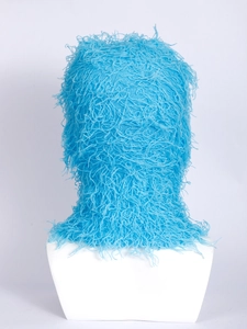 Detail shot of the fuzzy sky blue knitted balaclava with long plush faux fur texture