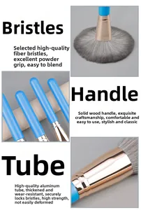 Detail of soft fiber bristles, blue wooden handle, and rose gold aluminum tube of makeup brush