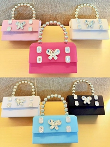 Satin party handbag set with butterfly rhinestones and beaded handles in six colors
