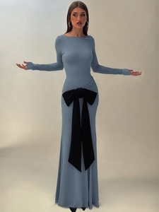 Chic Morandi blue long sleeve maxi dress with a large decorative black waist bow