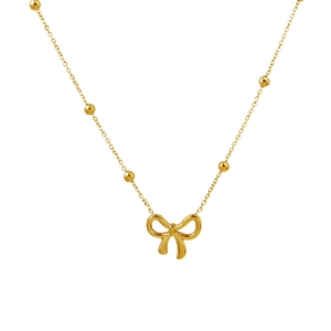 Elegant 18K gold-plated bow necklace with delicate beaded chain on white background