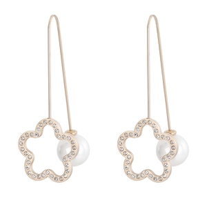Rose gold flower earrings with sparkling rhinestones and elegant white pearls on white background