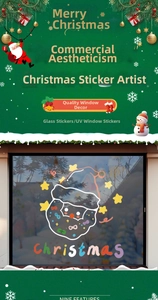 Detail of UV Christmas window sticker featuring Santa hat and colorful glitter textures
