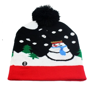 Detail view of snowman pattern on LED knitted Christmas hat with power switch