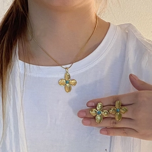 Elegant Flower Four Leaf Clover Stainless Steel Turquoise Artificial Pearl Pendant Necklace And Earrings For Women Gold Plated