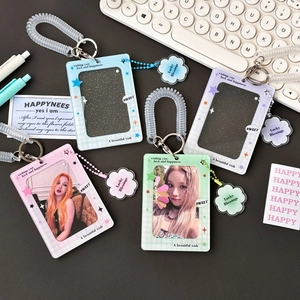 Acrylic Photocard Holder With Spring Lanyard Glitter Star Pattern ID Card Protector For K-pop Photo Ins Style