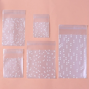Frosted self-adhesive packaging bags with white polka dots in various sizes for snacks
