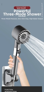 Detailed macro view of pressurized hand shower with 3 modes and one-click water stop button