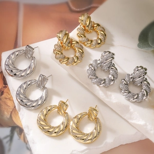 Geometric Twisted Hoop Earrings Copper Gold Plated Sparkly Zircon Luxury Fashion Jewelry For Women