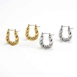 Boucles D'oreilles Créoles Torsadées Acier Inoxydable Plaqué Or 18K Forme U Design Irrégulier Pour Femmes