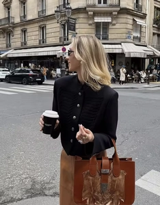 Detail of a chic black structured coat with vintage buttons and a brown leather tote bag