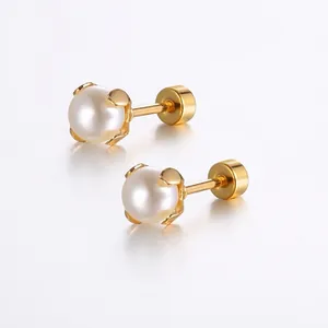 Artificial Pearl Stud Earrings Titanium Steel Gold Plated Screw Back Elegant Minimalist Fashion Jewelry Accessories For Women