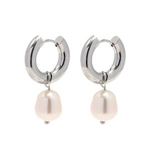 Silver stainless steel hoop earrings with natural freshwater pearl pendants for women