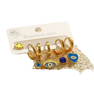 5-piece gold stainless steel evil eye earring set with blue zircon and charms