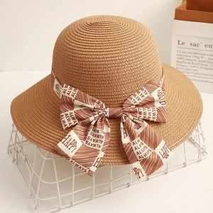 Women Straw Sun Hat Wide Brim Woven Bucket Hat Ribbon Bow Beach Vacation Summer Travel Elegant Breathable