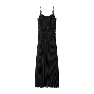 Elegant black midi dress with 3D floral lace bodice and pleated skirt on white background