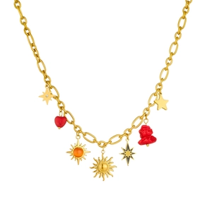 Gold titanium steel necklace with sun, heart, and star charms on a white background