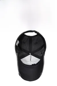 Detail of cotton baseball cap interior with breathable lining and adjustable metal buckle