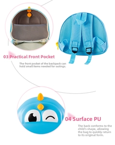 Detail view of blue dinosaur backpack showing adjustable straps and internal mesh pocket
