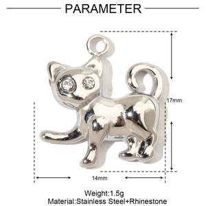 Macro view of a 14x17mm silver stainless steel cat pendant with sparkling rhinestones