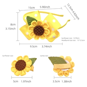 Yellow sunflower headband and hair clips set for girls with size measurements shown