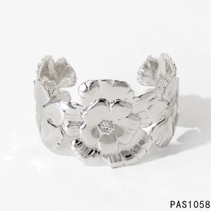 Chic silver stainless steel open bangle featuring 3D floral petals and a polished finish
